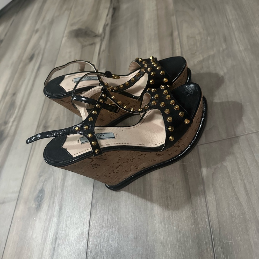 Prada Black and Gold Studded Wedge Sandals